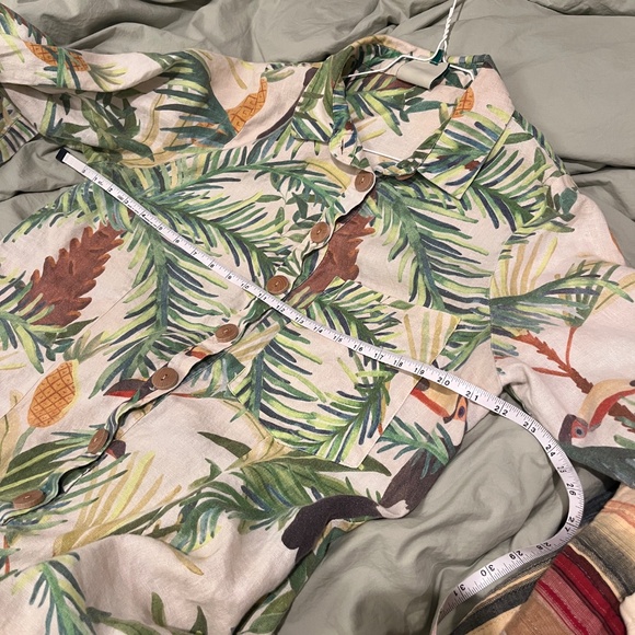 FARM RIO 100% LINEN JUMPSUIT Romper shorts long sleeve LEAVES TROPICAL M READ - Picture 6 of 12